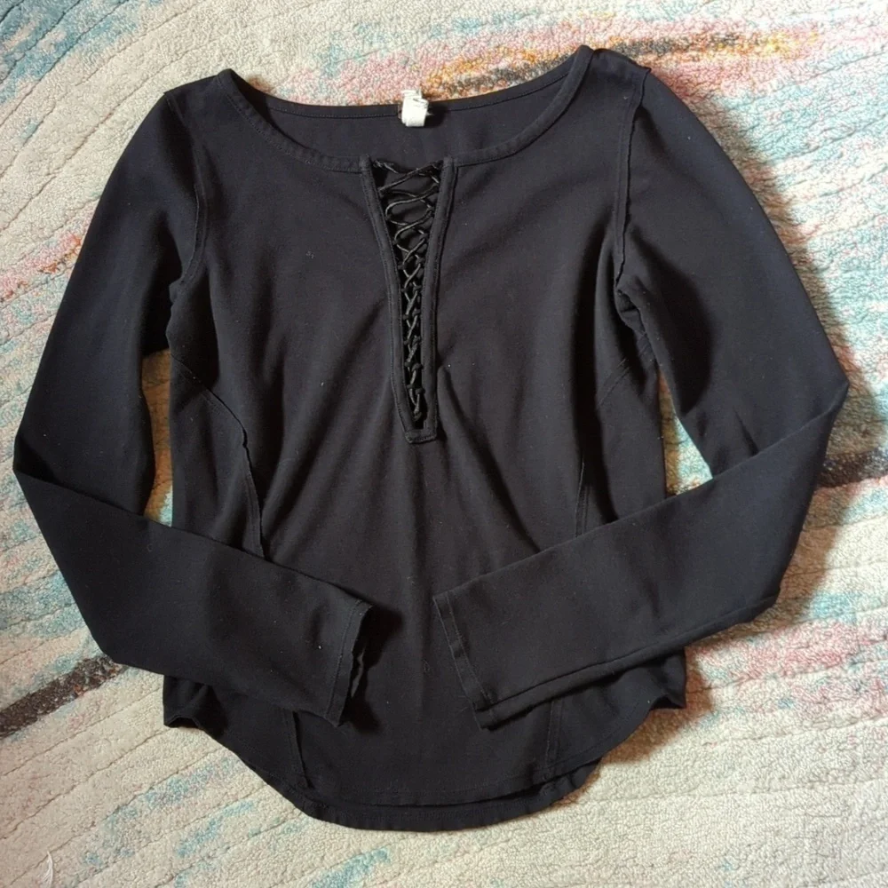 We the Free Jacqui Lace Up Black Top Small Grunge Goth Downtown